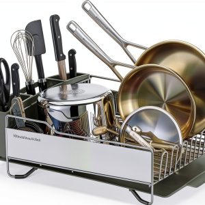 KitchenAid Large Capacity Full Size Rust Resistant Dish Rack with Angled Drain Board and Removable Flatware Caddy, Light Grey-0